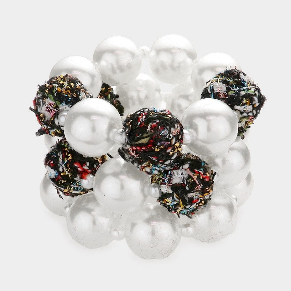 Black White Tweed Fabric Ball Pearl 3 Pc Set Stretch Bracelets MultiLayered